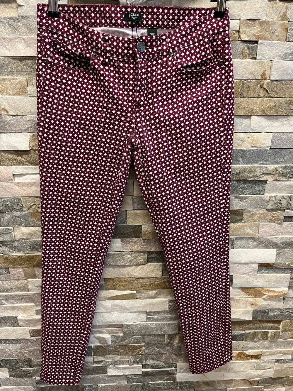 J. Crew Burgundy and White Polka Dot Slim Pants